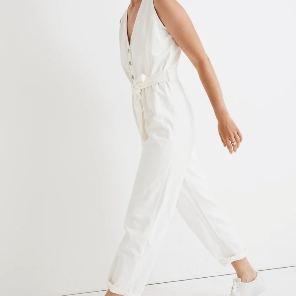 Madewell White Denim Sleeveless  Jean Jumpsuit Size S , missing the belt
